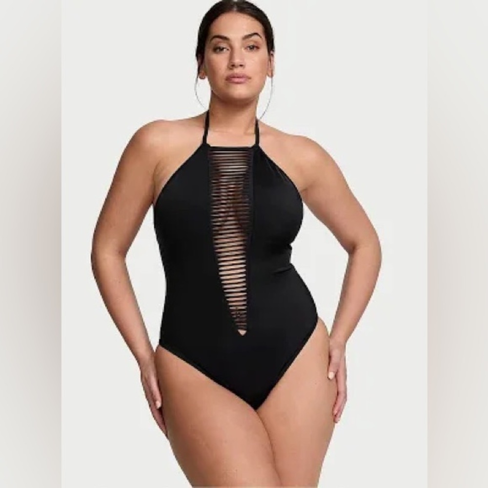 Victoria's Secret Black Halter One-Piece with Center Ladder Cutout